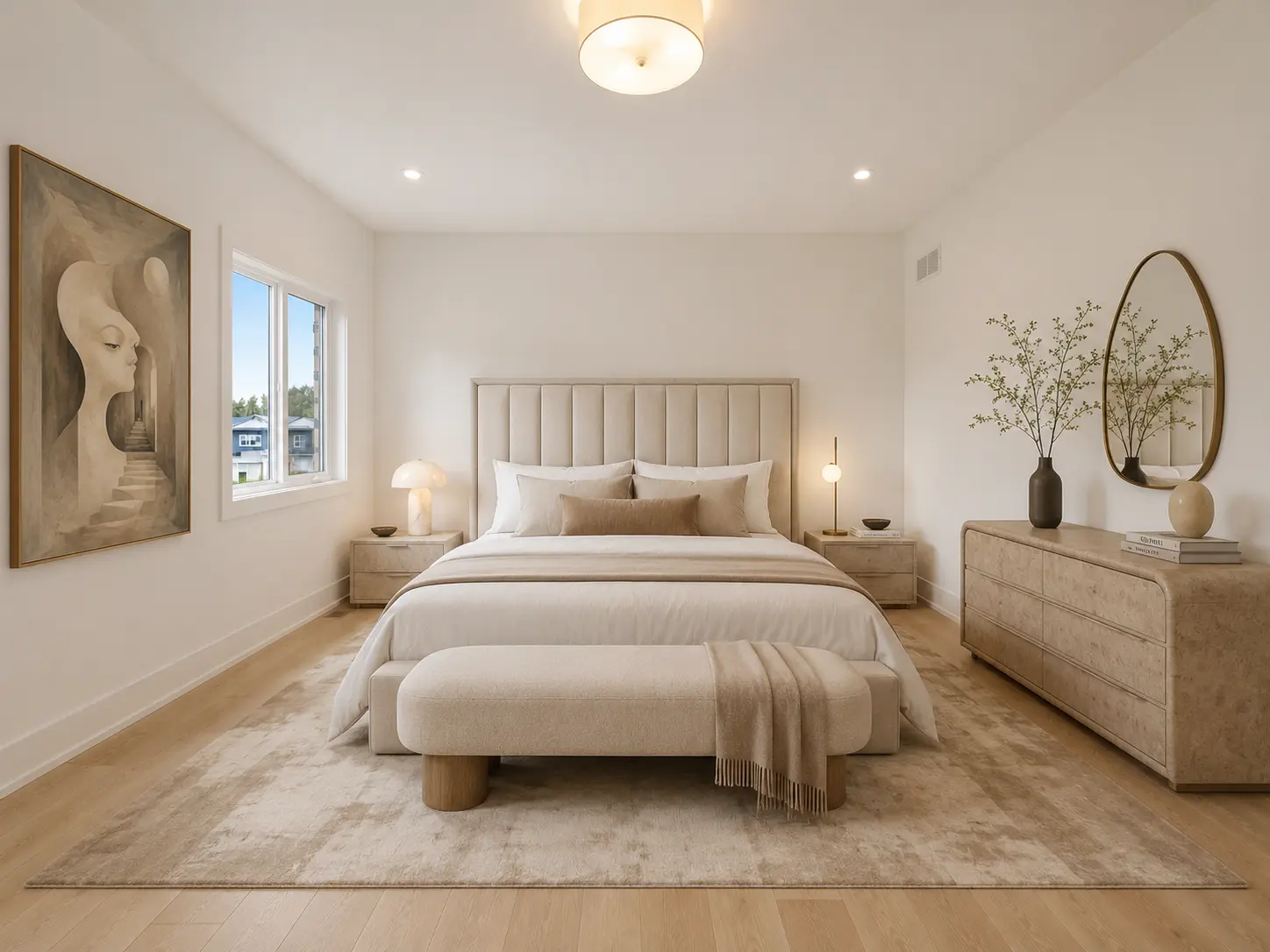 Staged bedroom with upholstered headboard, bench and dresser