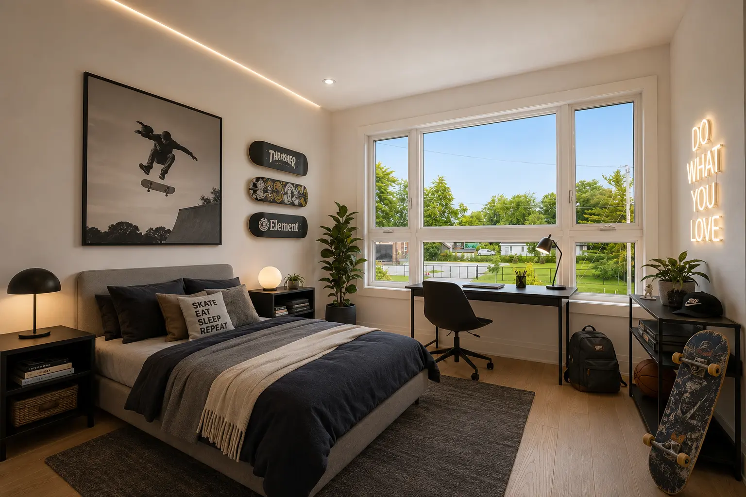 Staged bedroom with study desk, skate art and warm cove lighting