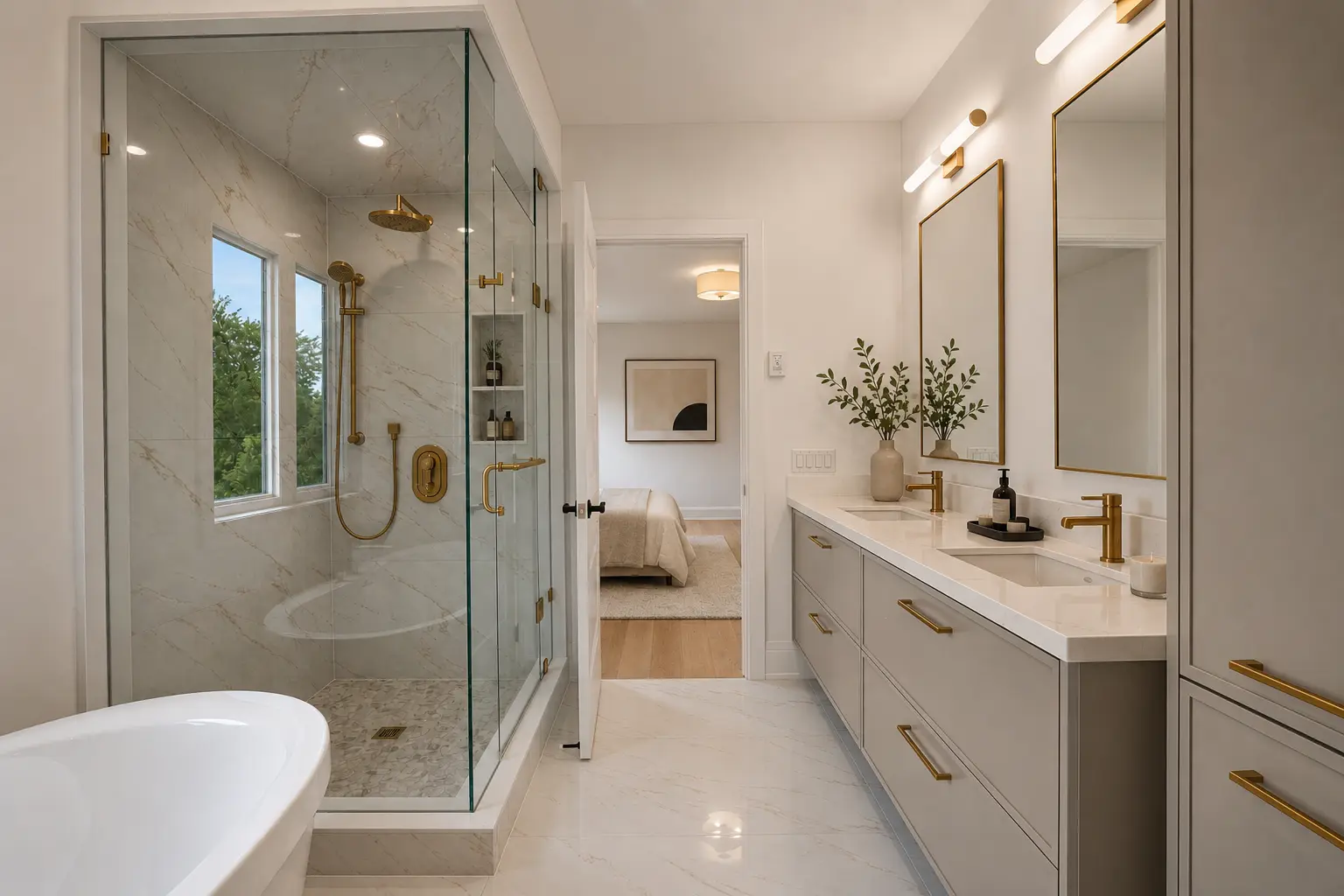 Staged ensuite with marble shower, freestanding tub and double vanity