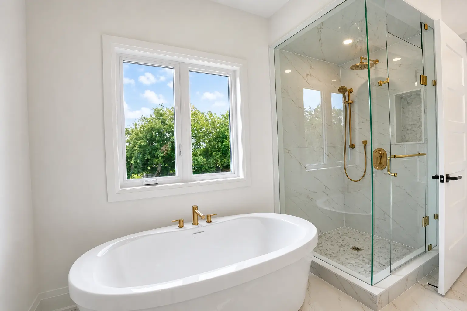 Freestanding soaker tub beside a marble glass shower with brass fixtures