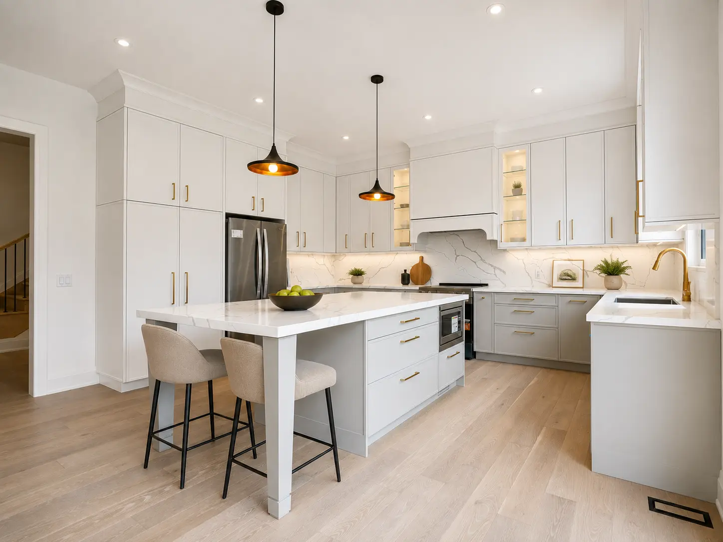 Staged kitchen with quartz island, brass hardware and black pendants