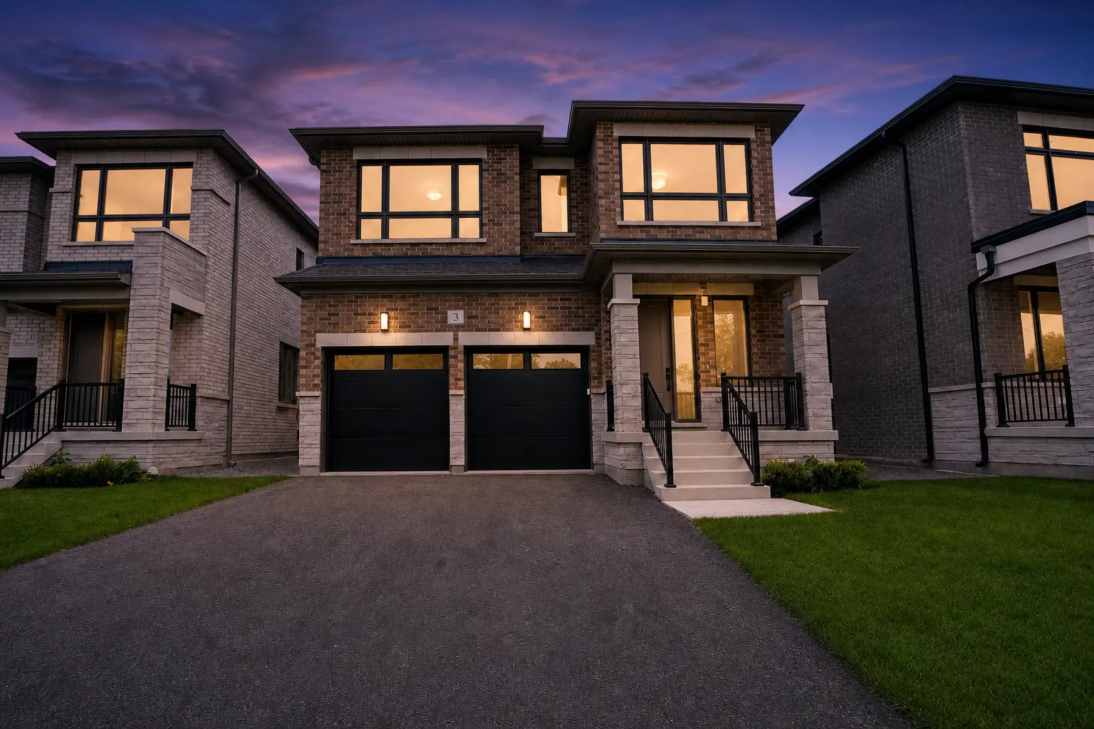 Brick and stone exterior at dusk with lit windows and double garage