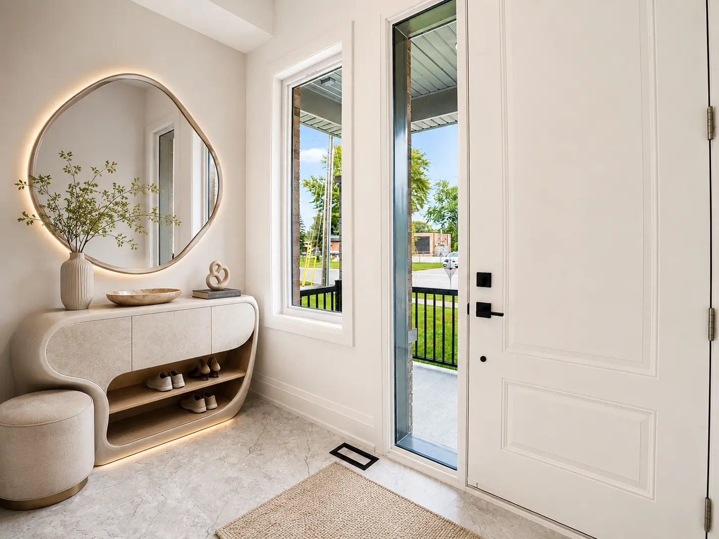 Staged foyer with backlit mirror, curved console and marble tile floor