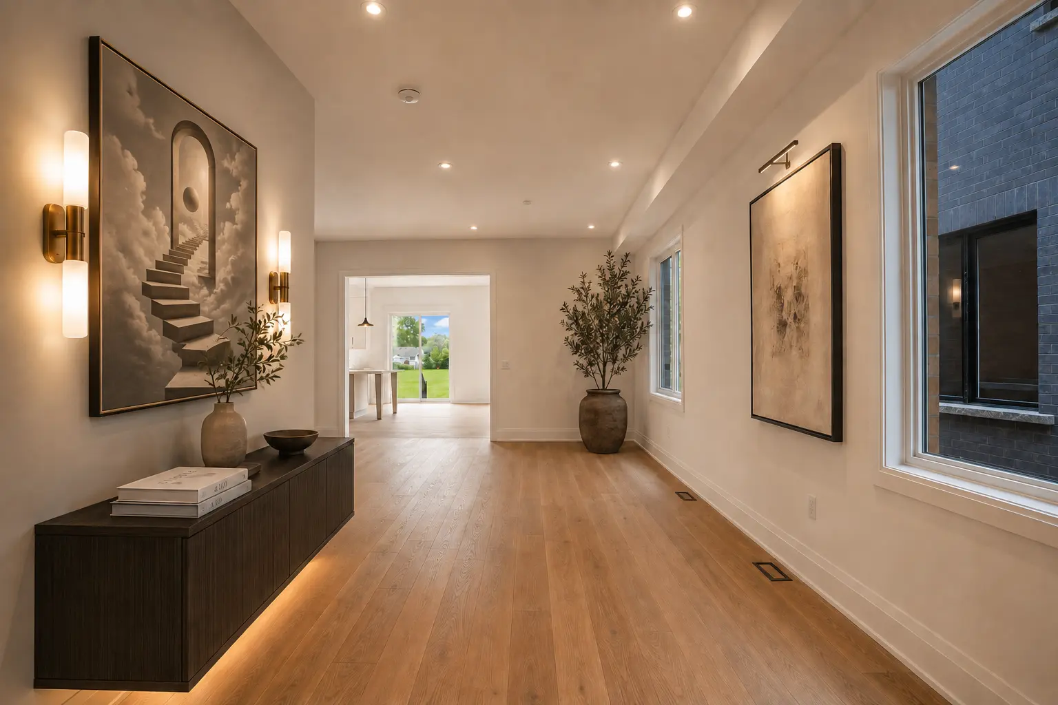 Staged hallway with artwork, brass sconces and oak flooring