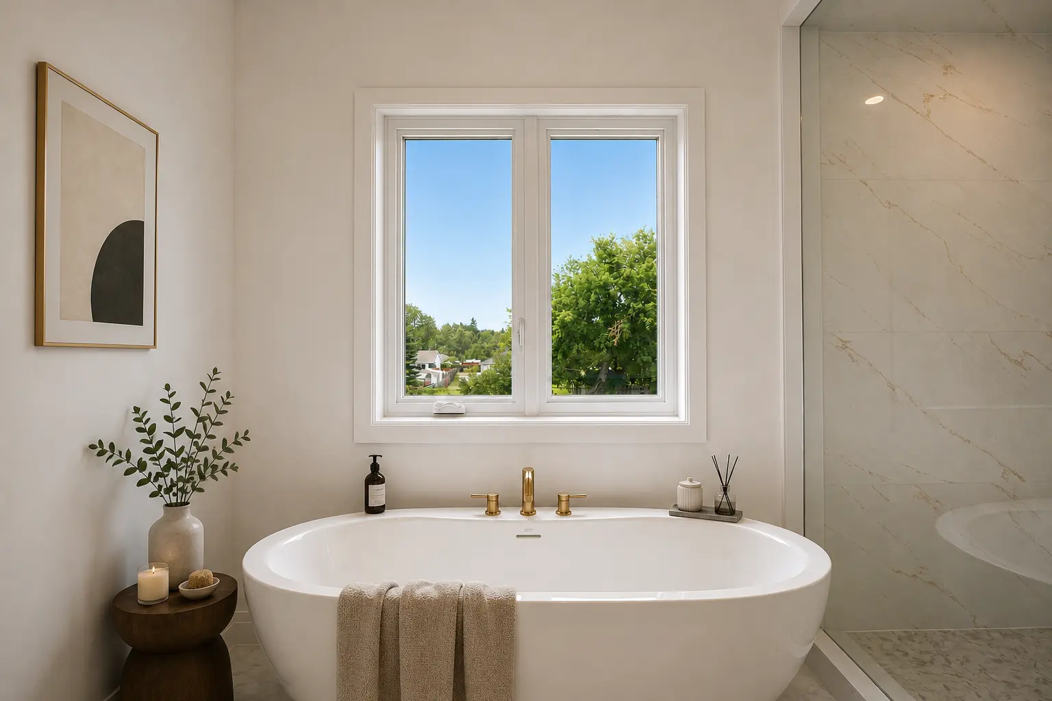 Freestanding tub beneath a window with brass fixtures and spa styling