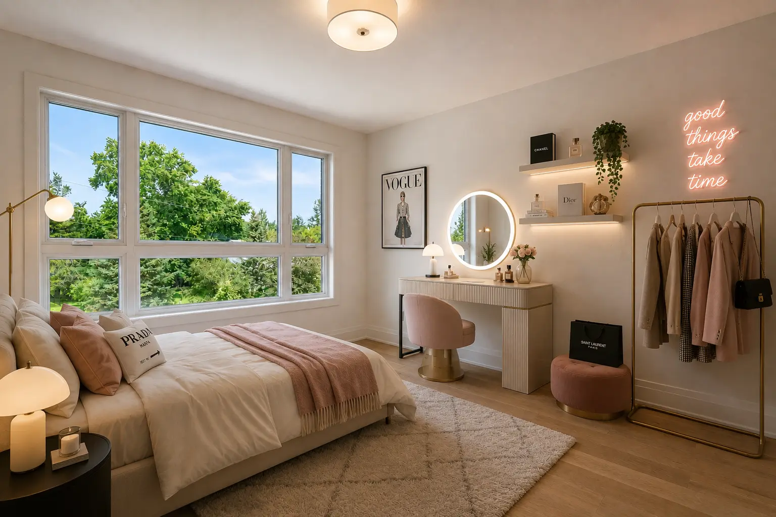 Staged bedroom with vanity, lit mirror, brass clothing rail and neon sign