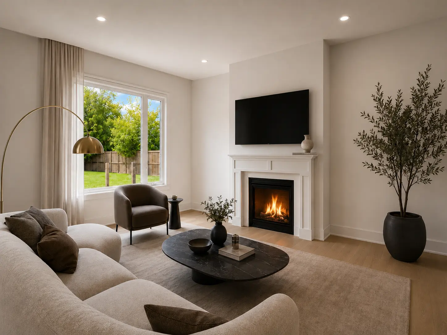 Staged living room with lit gas fireplace and soft neutral furnishings