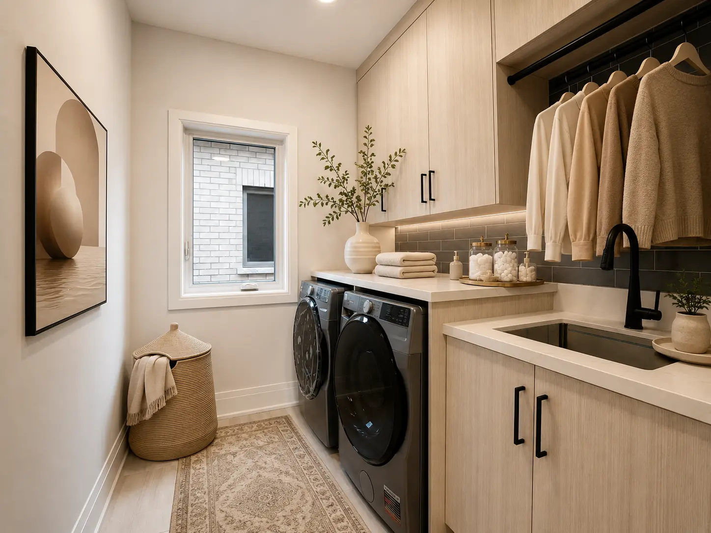 Styled laundry room with sink, hanging rail and quartz folding counter