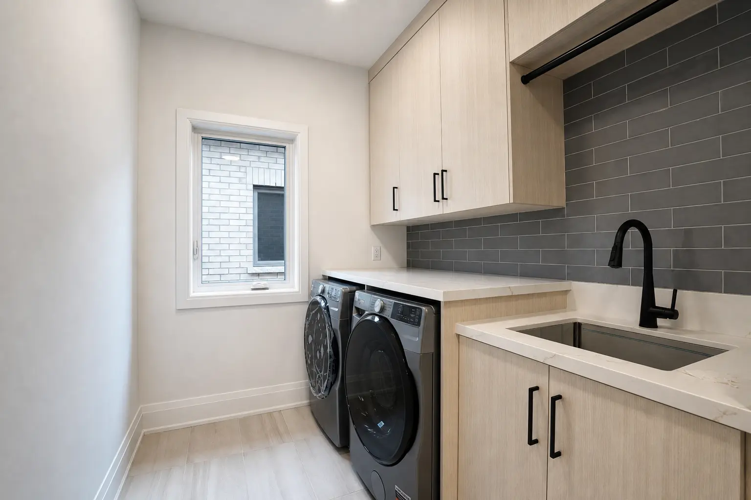 Laundry room with sink, quartz counter and grey tile backsplash