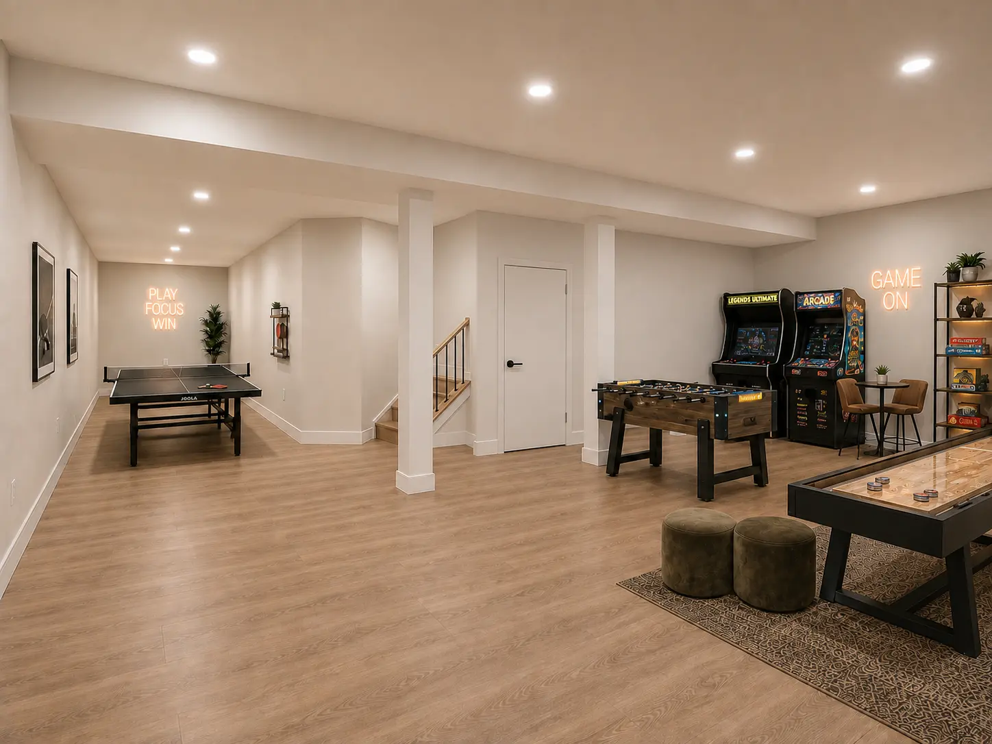 Finished lower-level games room with arcade cabinets, foosball and ping pong