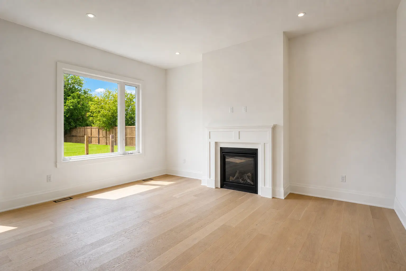 Great room with panelled gas fireplace and garden window