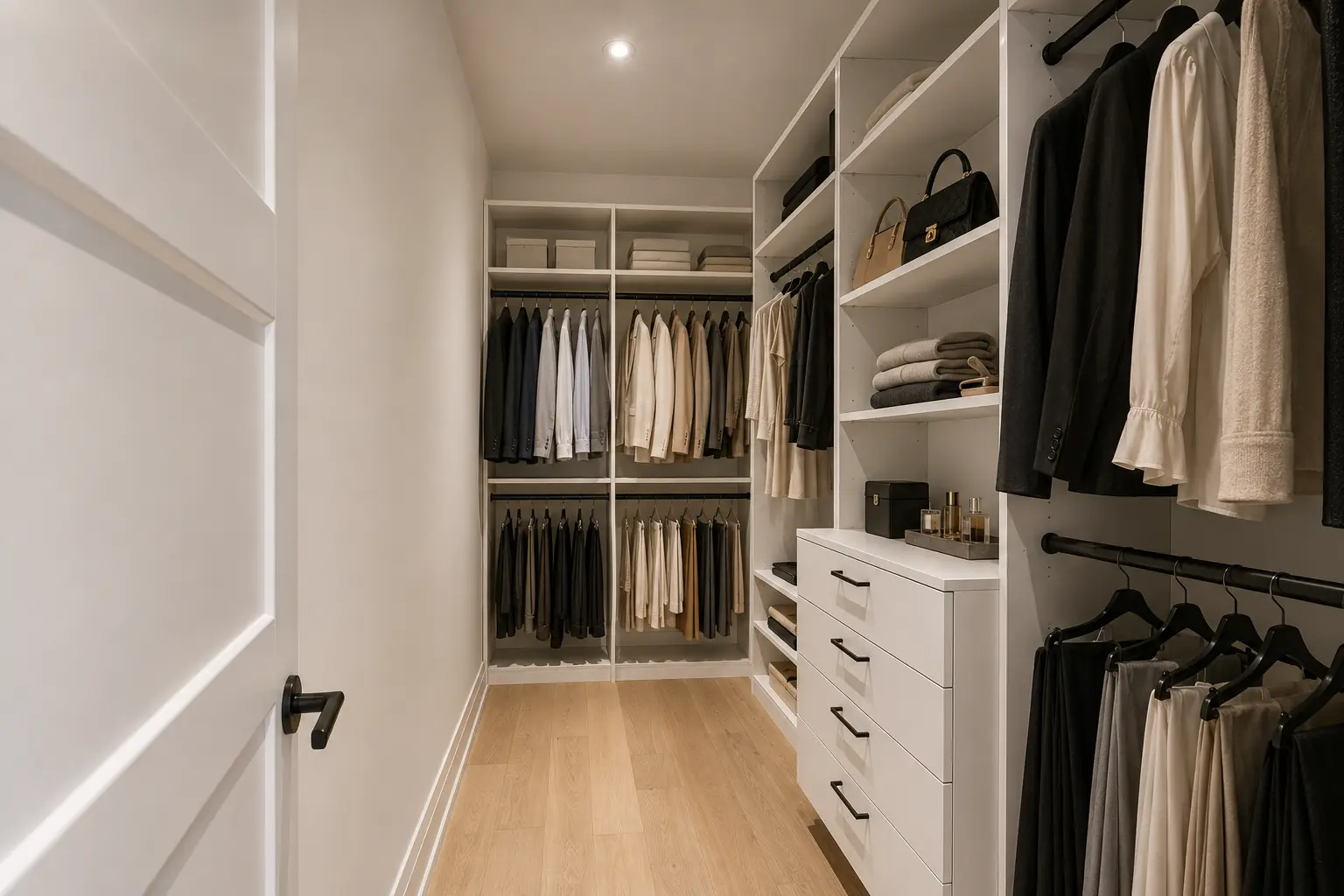 Styled walk-in closet with hanging rods, shelving and drawer bank