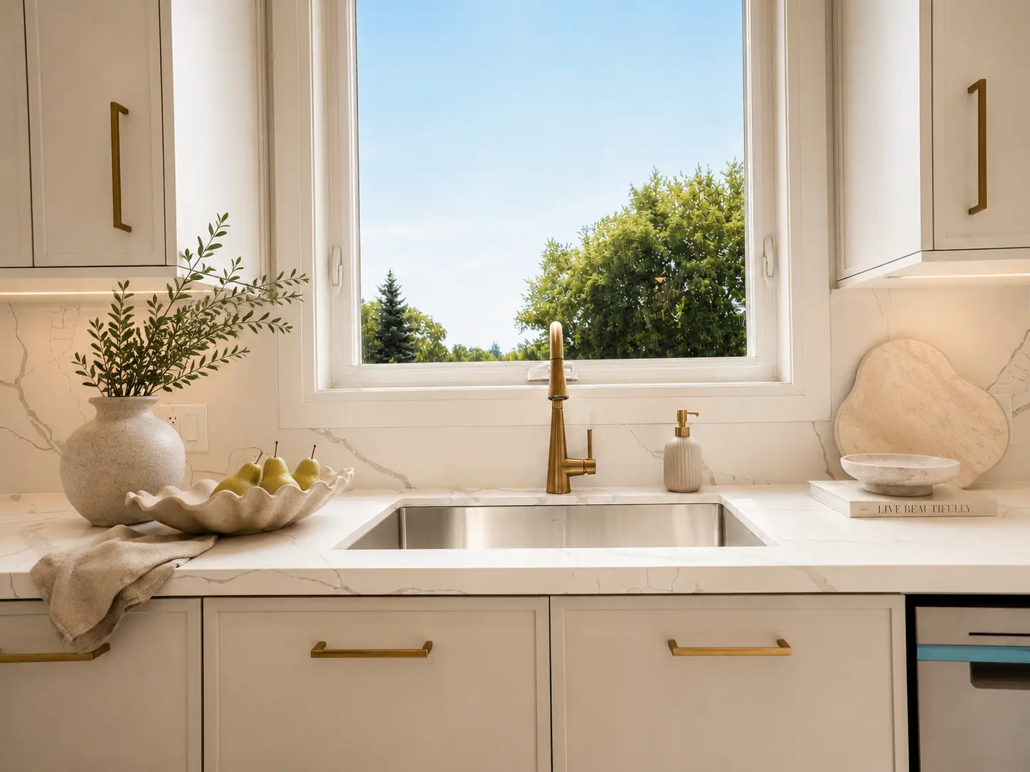 Kitchen sink with brass faucet, marble counters and garden window