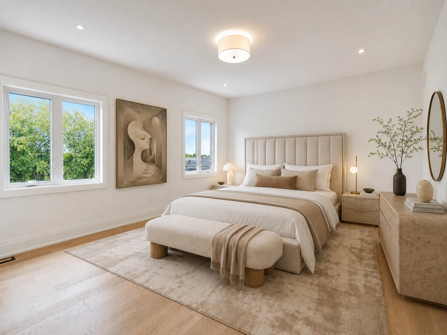 Staged primary bedroom with upholstered bed and warm neutral palette